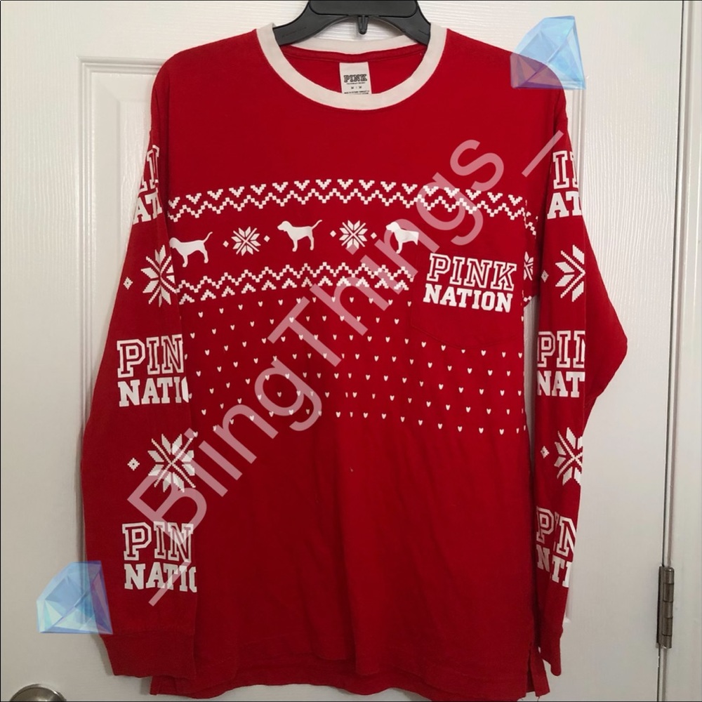 💎VS PINK Pink Nation Christmas Puppy Dog Crewneck Shirt💎